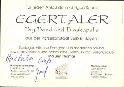 Ak Big Band und Blaskapelle Egertaler, Gruppenfoto mit Ina und Thomas, Autogramm