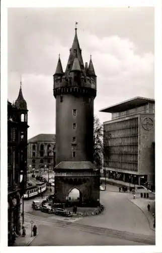 Ak Frankfurt am Main, Eschenheimer Turm, Bayer-Haus, Straßenbahn, Autos