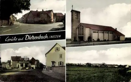 Ak Dietzenbach in Hessen, Straßenpartie, Kirche, Tankstelle