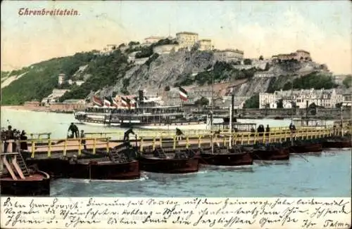 Ak Ehrenbreitstein Koblenz am Rhein, Blick zur Festung, Landungsbrücke, Quai