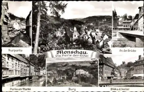 Ak Monschau Montjoie in der Eifel, Rur, Markt, Burg, Haller, Brücke, Panorama