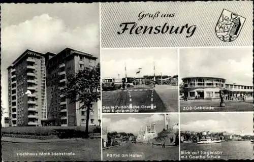 Ak Flensburg, Hochhaus Mathildenstraße, Hafen, ZOB Gebäude, Goetheschule, Grenze bei Kupfermühle