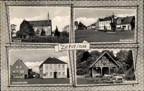 Ak Zetel in Oldenburg Friesland, Kirche, Marktplatz, Hauptstraße, Jagdhütte