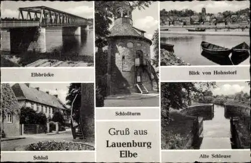 Ak Lauenburg an der Elbe, Elbbrücke, Blick von Hohnstorf, Alte Schleuse, Schloss, Schlossturm