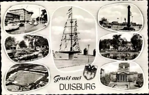 Ak Duisburg im Ruhrgebiet, Königstraße, Hauptbahnhof, Wappen, Stadttheater, Strandbad