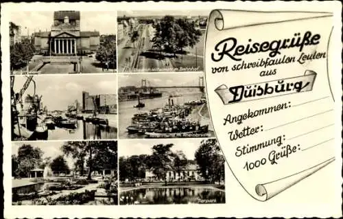 Ak Duisburg im Ruhrgebiet, Bahnhof, Hafen, Tierpark, Stadttheater, Rheinbrücke