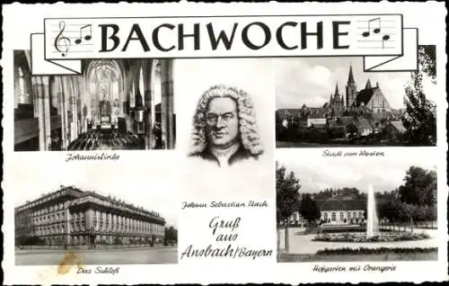 Ak Ansbach in Mittelfranken Bayern, Johanniskirche, Schloss, Orangerie, Hofgarten, Johann S. Bach