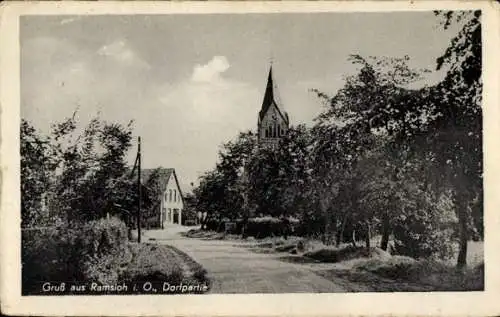 Ak Ramsloh in Oldenburg Saterland, Dorfstraße, Kirche