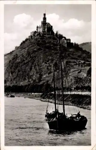 Ak Braubach am Rhein, Marksburg, Segelboot