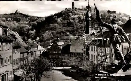 Ak Weinheim an der Bergstraße Baden, Teilansicht,  Marktplatz, Soldatenskulptur, Burg