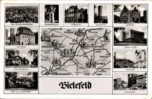 Ak Bielefeld in Nordrhein Westfalen, Rathaus, Oetker-Halle, Bahnhof, Brücke, Umgebungskarte