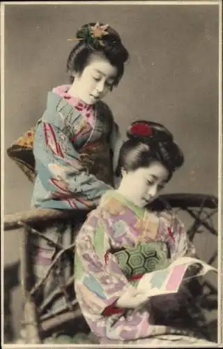 Ak Japan, Japanerin beim Lesen, Japanische Tracht, Kimono