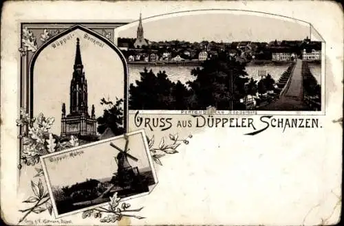 Litho Dybbøl Düppel Dänemark, Düppeler Schanzen, Düppel Mühle, Denkmal, Pontonbrücke Sonderburg