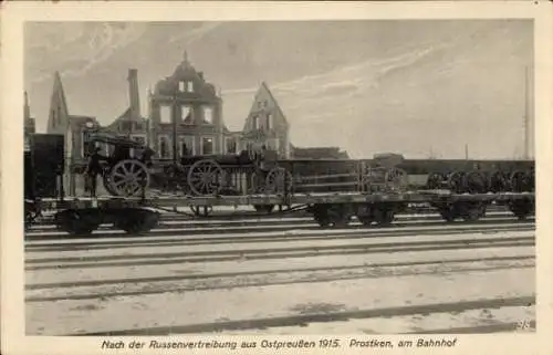 Ak Prostki Prostken Ostpreußen, am Bahnhof, nach der Russenvertreibung aus Ostpreußen 1915