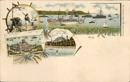 Litho Kiel, Kriegshafen, Kriegsschiffe, Schloss