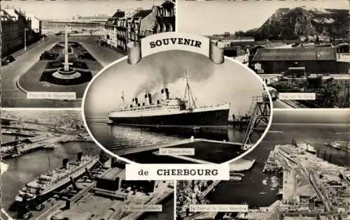 Ak Cherbourg Manche, Dampfer Queen Mary, Cunard Line, Stadtansichten