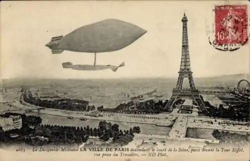 Ak Paris, Militärluftschiff Die Stadt Paris, Eiffelturm