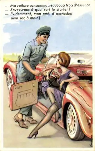 Ak Frau im Automobil, Handtasche hängt am Starter
