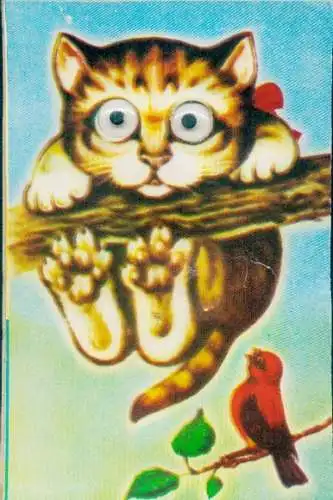 Wackelaugen Quietsch Ak Katze am Baum, Roter Vogel
