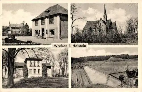 Ak Wacken in Schleswig Holstein, Kirche, Tagebau, Geschäft von Ernst Reimers