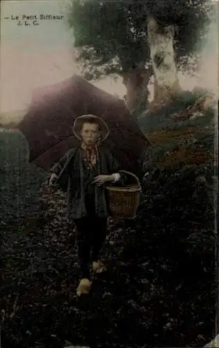 Ak Französische Tracht, Pfeifender Junge, Regenschirm, Korb