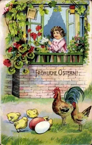 Ak Glückwunsch Ostern, Mädchen auf dem Balkon, Hühner, Küken, Eier