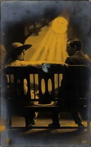 Ak Liebespaar, Treffen beim Mondschein, Sitzbank