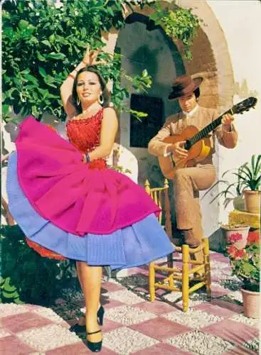 Stoff Ak Spanische Tracht, Tänzerin, Gitarrenspieler