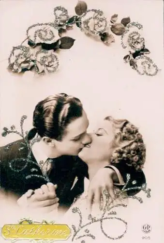 Glitzer Ak Liebespaar, Kuss, Sankt Katharina