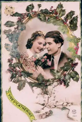 Glitzer Ak Liebespaar, Stechpalme, Sankt Katharina