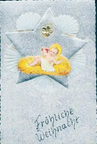 Stoff Ak Glückwunsch Weihnachten, Jesuskind, Stern, Blume