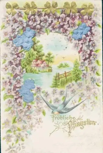 Präge Litho Glückwunsch Pfingsten, Veilchen, Schwalbe