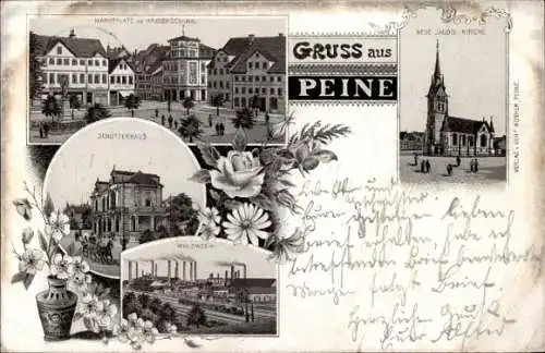 Litho Peine in Niedersachsen, Marktplatz, Kriegerdenkmal, Jacobi Kirche, Walzwerk, Schützenhaus