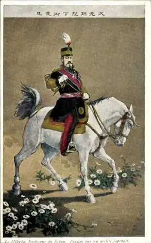 Ak Meiji Tenno, Japanischer Kaiser, Portrait auf einem Pferd