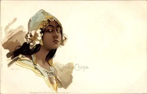 Litho Indochina, Indo Chine, Dunkelhäutige Asiatin mit Kopfbedeckung, Portrait