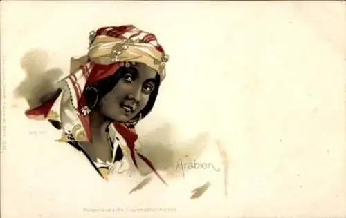 Litho Arabien, Mogenländische Frauenschönheiten, Kopfbedeckung, Ohrringe