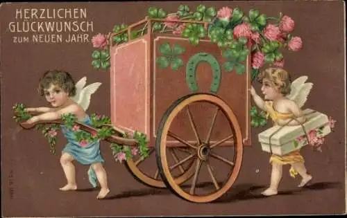 Präge Ak Glückwunsch Neujahr, Engel mit Handkarren voller Kleeblätter