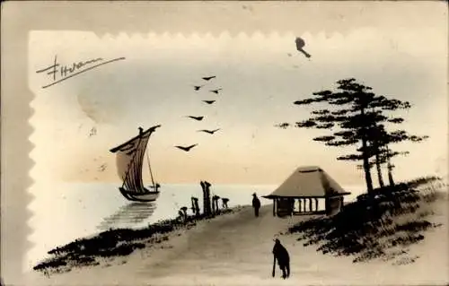 Künstler Ak Japan, Uferpartie, Segelboot