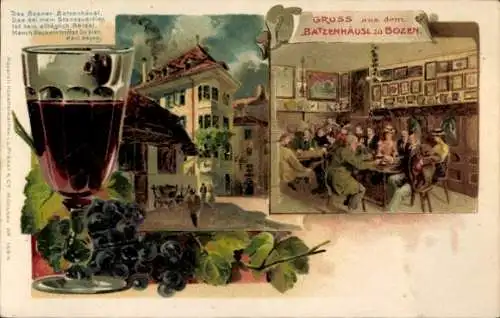 Litho Bozen Bolzano Südtirol, Batzenhäusl, Weinglas, Weintrauben