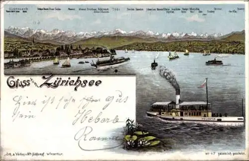 Litho Zürich Stadt Schweiz, Gesamtansicht, Dampfer Helvetia