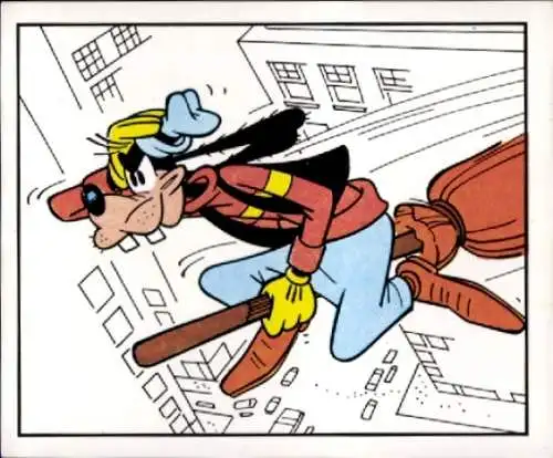 Sammelbild Mickey Nr. 138, Walt Disney, Goofy fliegt auf einem Hexenbesen, Panini