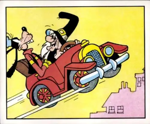 Sammelbild Mickey Nr. 139, Walt Disney, Goofy und Hexe in einem fliegenden Auto, Panini