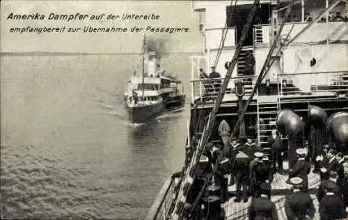 Ak Amerika Dampfer auf der Unterelbe empfangsbereit zur Übernahme der Passagiere, Seeleute