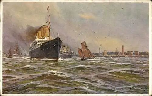 Künstler Ak Stöwer, Willy, Passagierdampfer und Segelboote