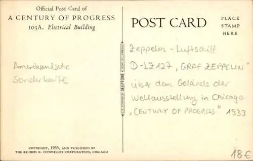 Künstler Ak Chicago Illinois USA, Weltausstellung 1933, Electrical Building, LZ 127 Graf Zeppelin