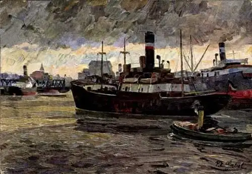 Künstler Ak Gabel, Kaliningrad Königsberg Ostpreußen, Dampfer im Hafen
