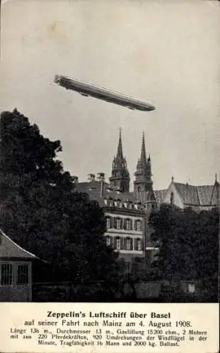Ak Bâle Basel Stadt Schweiz, Zeppelin Luftschiff LZ 4 auf der Fahrt nach Mainz 1908