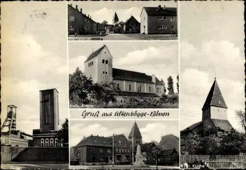 Ak Altenbögge Bönen in Westfalen, Dorfansicht, Zeche Königsborn, Kirche, Denkmal