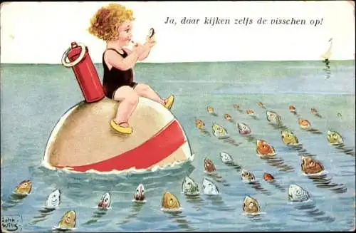 Künstler Ak Wills, John, Mädchen schminkt sich auf einer Boje, Fische schauen aus dem Wasser