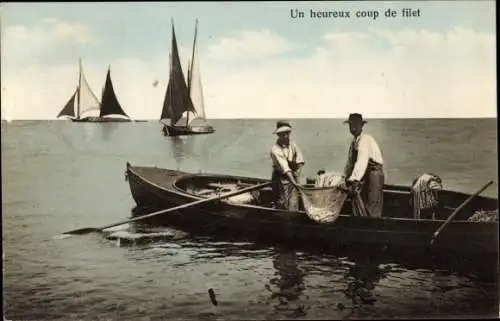 Ak Fischer im Ruderboot, Fischfang, Fischnetz